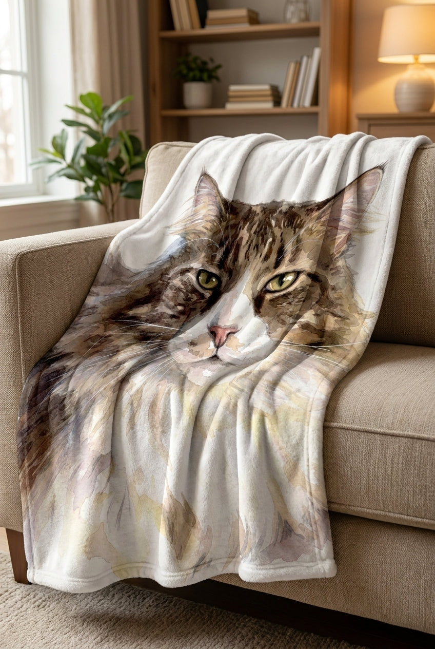 Custom pet portrait fleece blanket — watercolor style