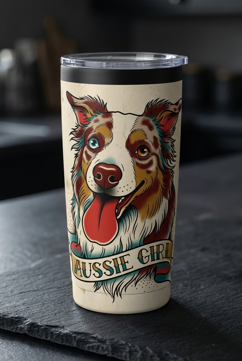 Custom pet portrait tumbler — tattoo flash style