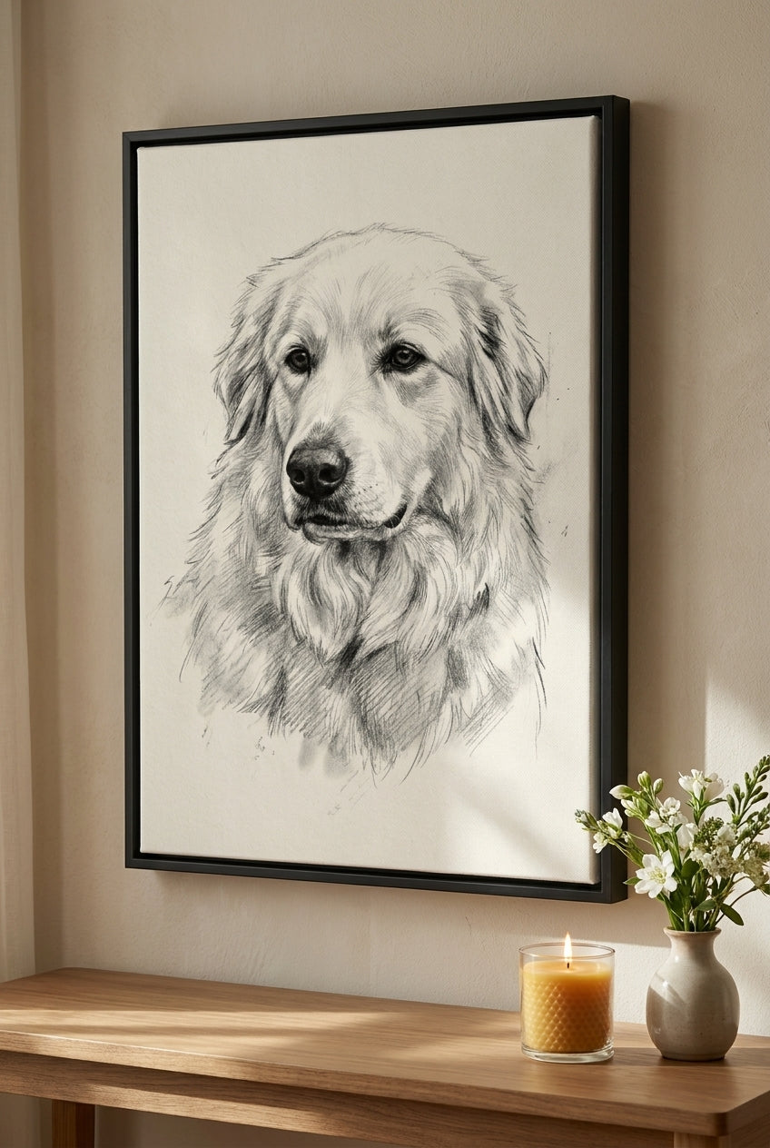 Custom pet portrait canvas — charcoal sketch memorial style