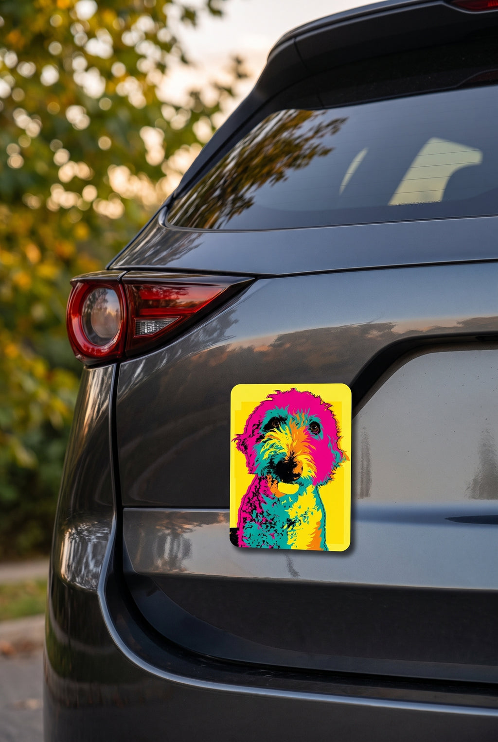 Custom pet car magnet in bold pop art style on the tailgate of an SUV