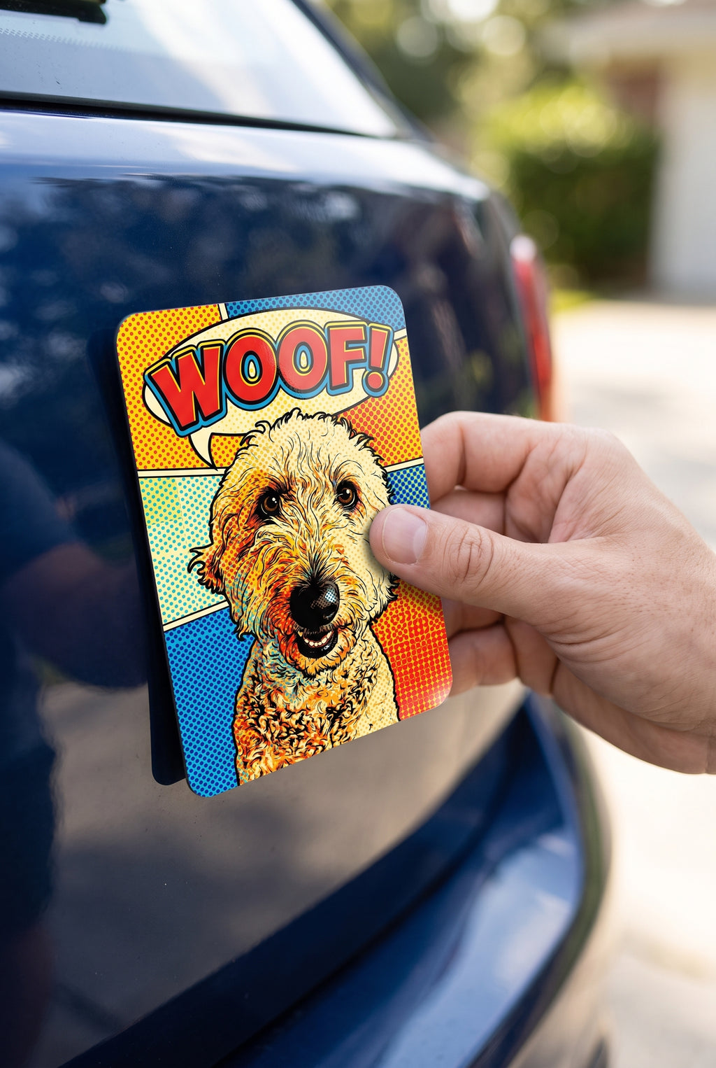 Hand placing a comic style custom pet car magnet onto a car