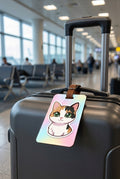 Custom pet portrait luggage tag on a suitcase handle, real product photo