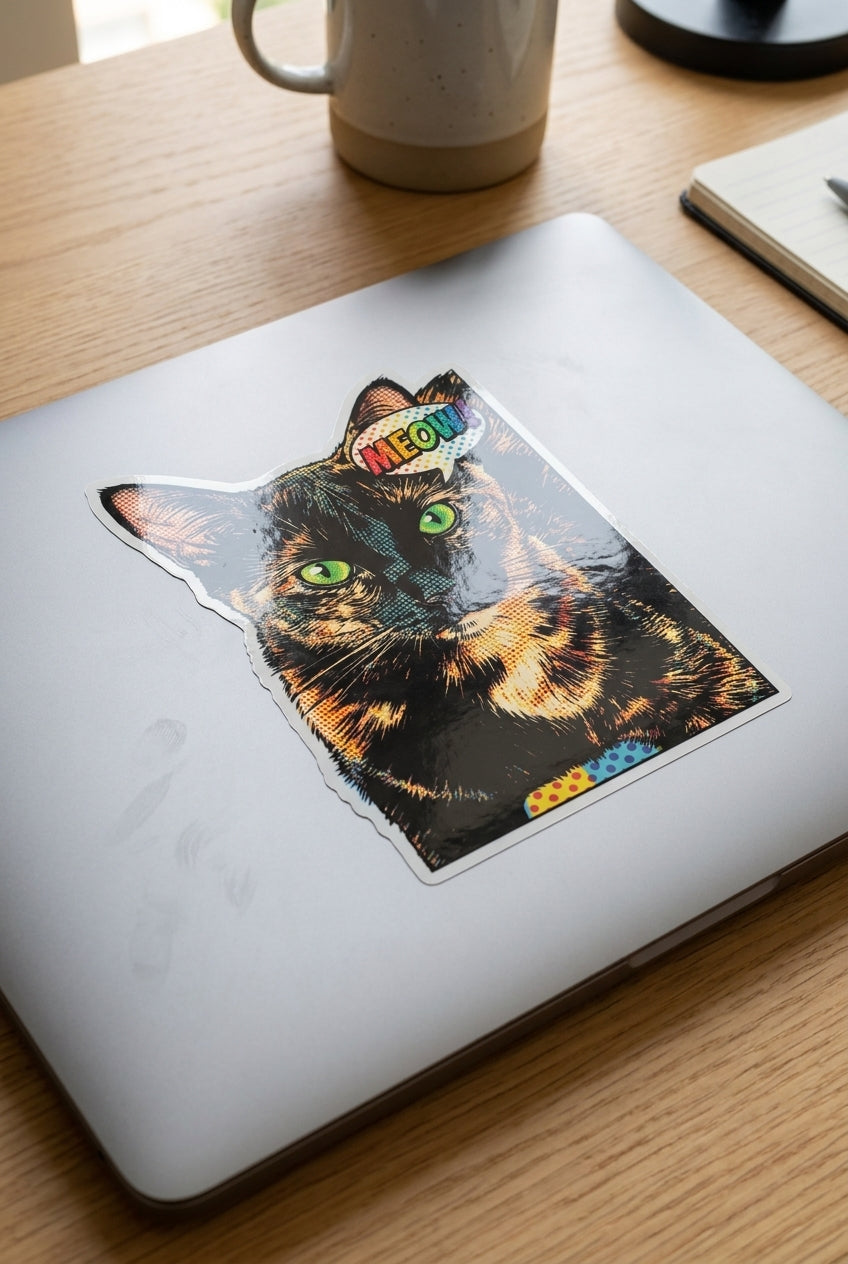 Custom pet portrait die-cut sticker on a laptop lid, real product photo