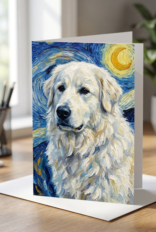 Custom pet portrait greeting card standing on a desk with envelope, real product photo
