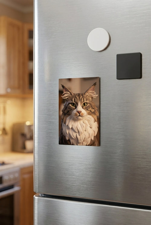 Custom pet portrait fridge magnet on a stainless steel refrigerator, real product photo