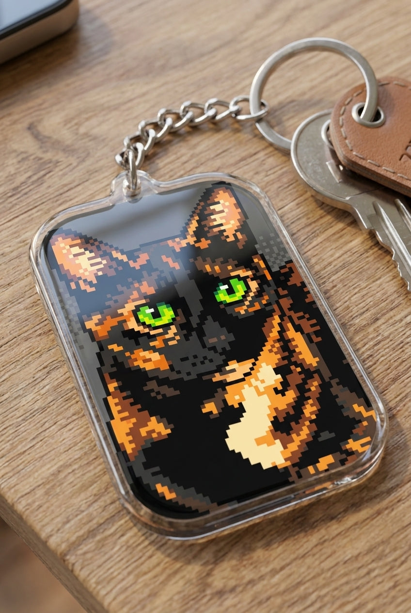 Custom pet portrait acrylic keychain on a table beside keys, real product photo