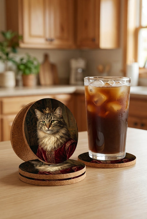 Custom pet portrait coaster set on a kitchen table, real product photo