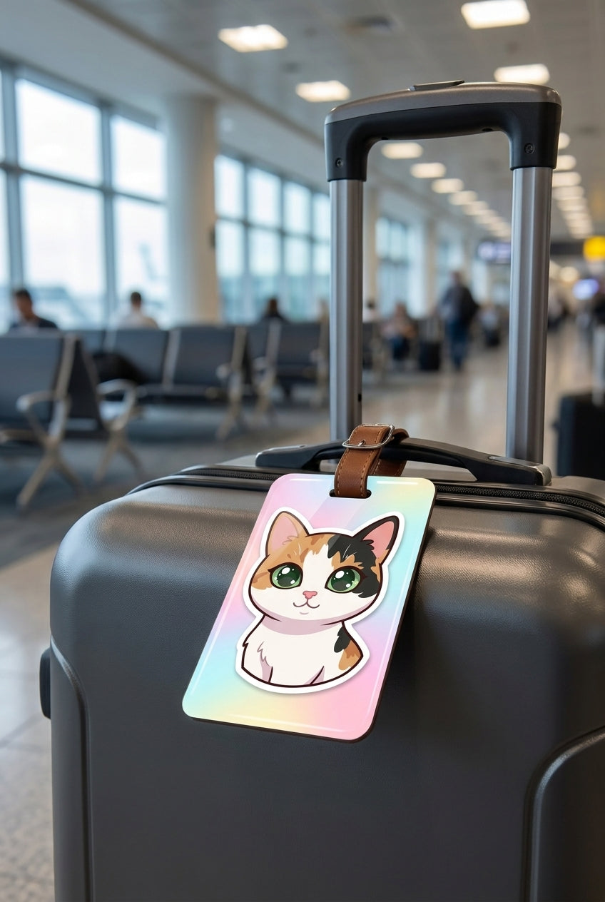 Custom pet portrait luggage tag — kawaii style