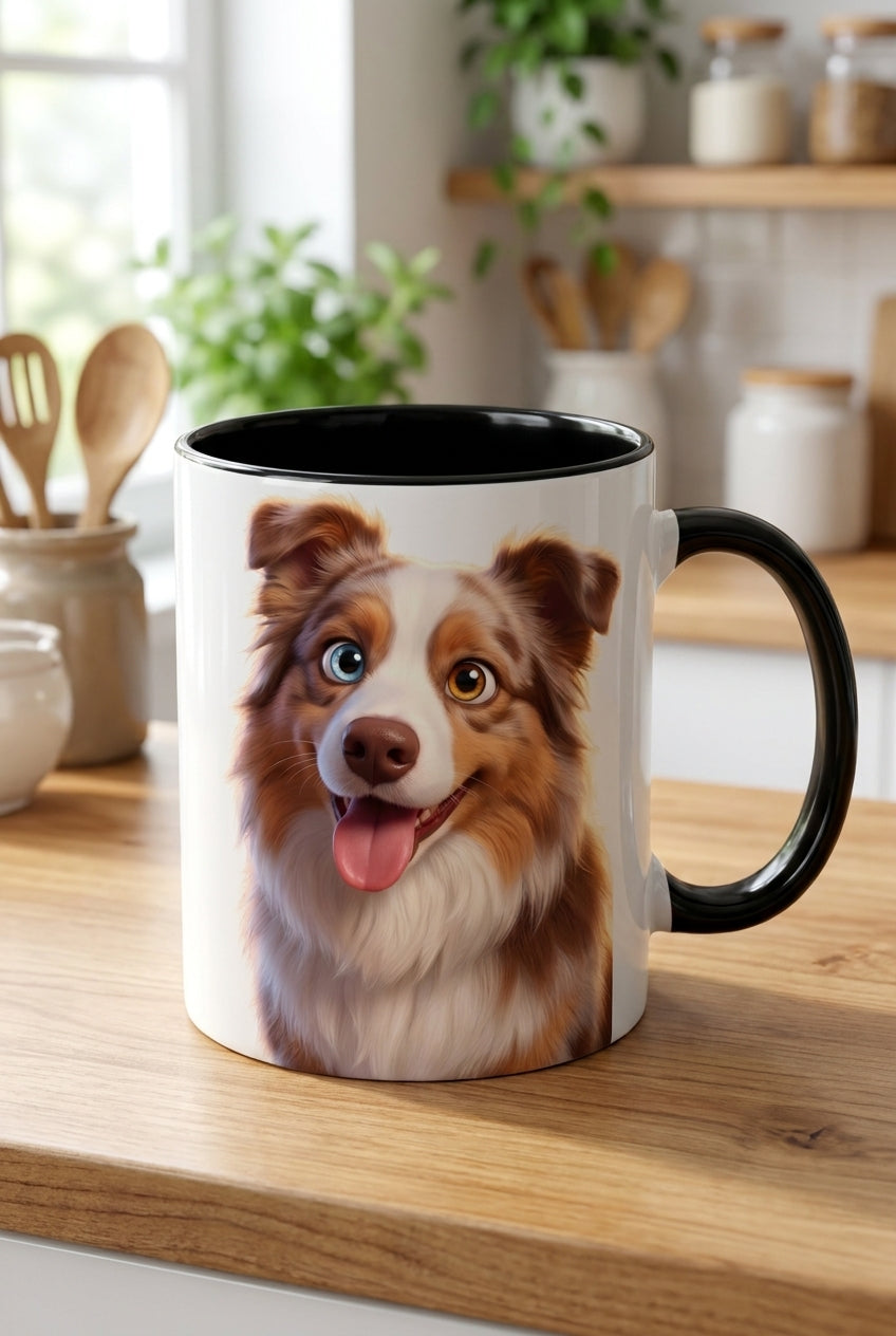 Custom pet portrait mug, 11oz ceramic with black handle and inner rim
