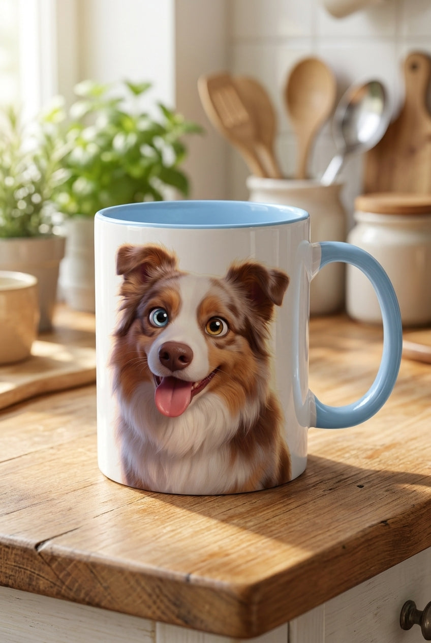 Custom pet portrait mug, 11oz ceramic with light blue handle and inner rim