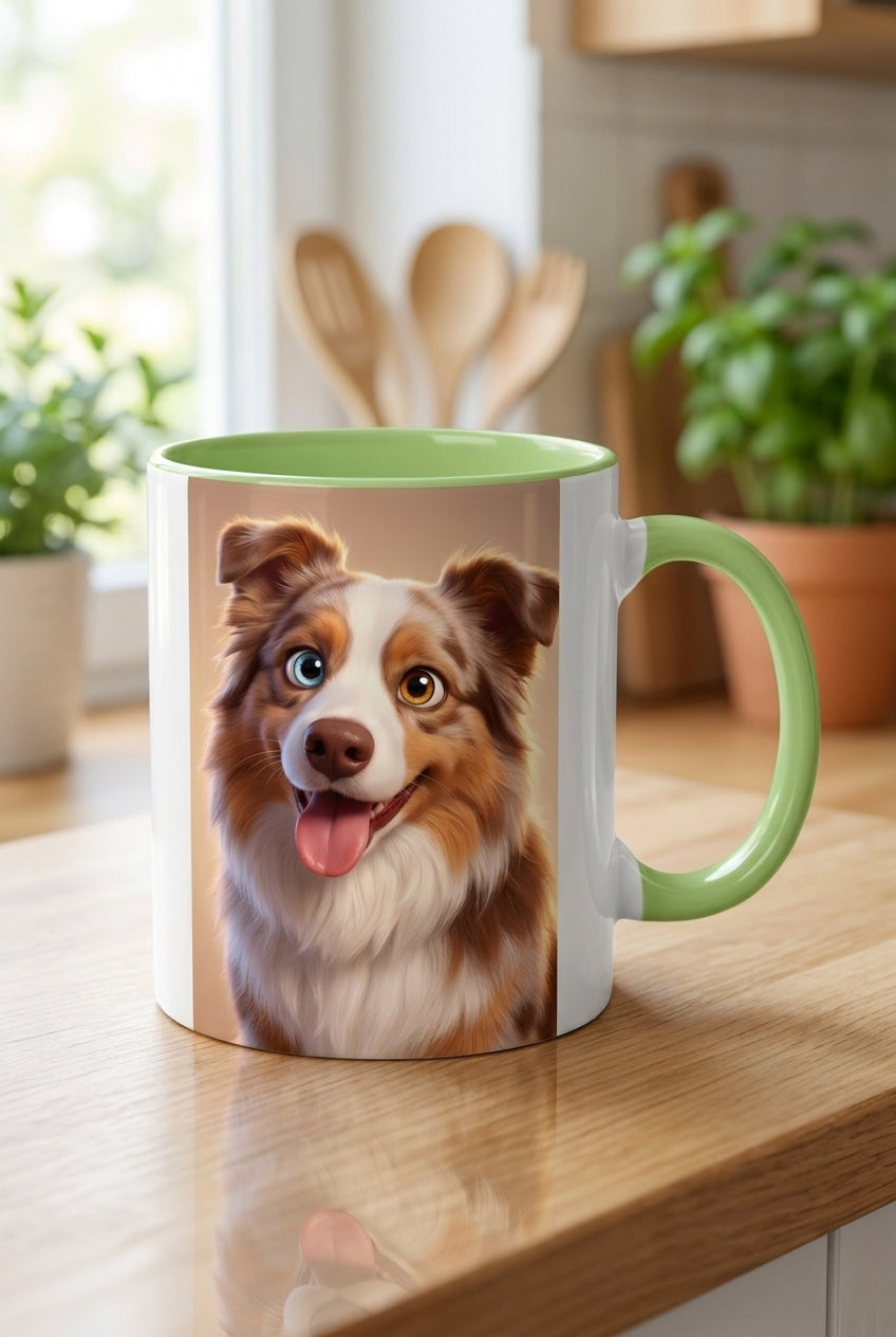 Custom pet portrait mug, 11oz ceramic with light green handle and inner rim