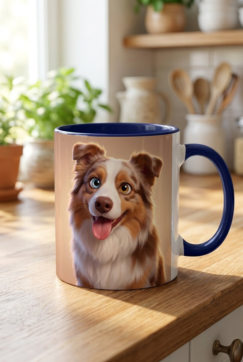 Custom pet portrait mug, 11oz ceramic with navy handle and inner rim