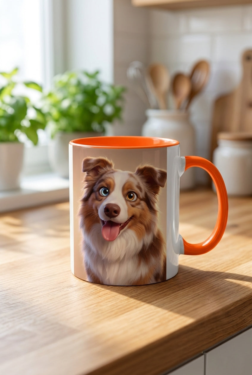 Custom pet portrait mug, 11oz ceramic with orange handle and inner rim