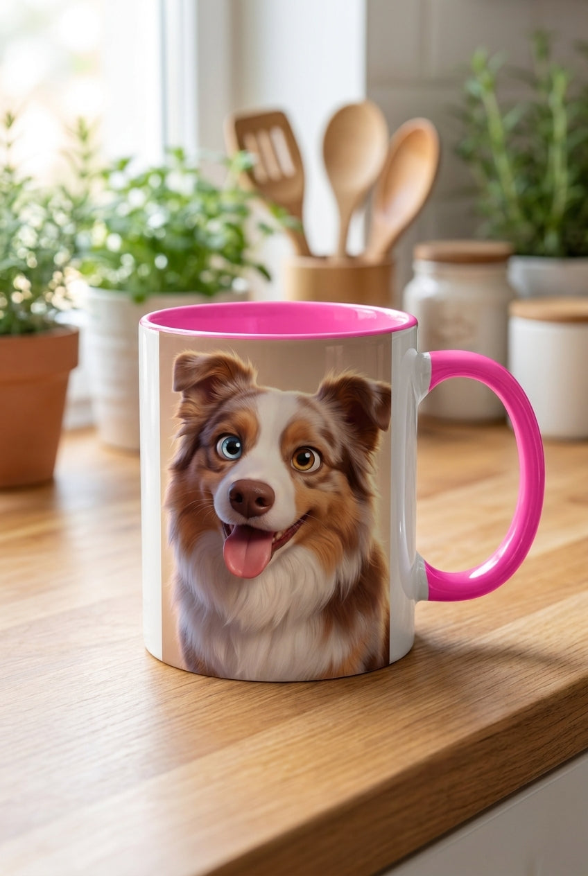 Custom pet portrait mug, 11oz ceramic with pink handle and inner rim