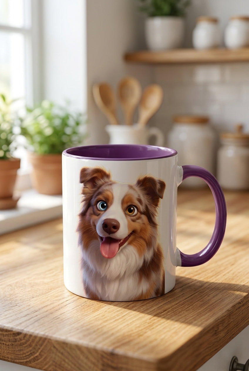 Custom pet portrait mug, 11oz ceramic with purple handle and inner rim