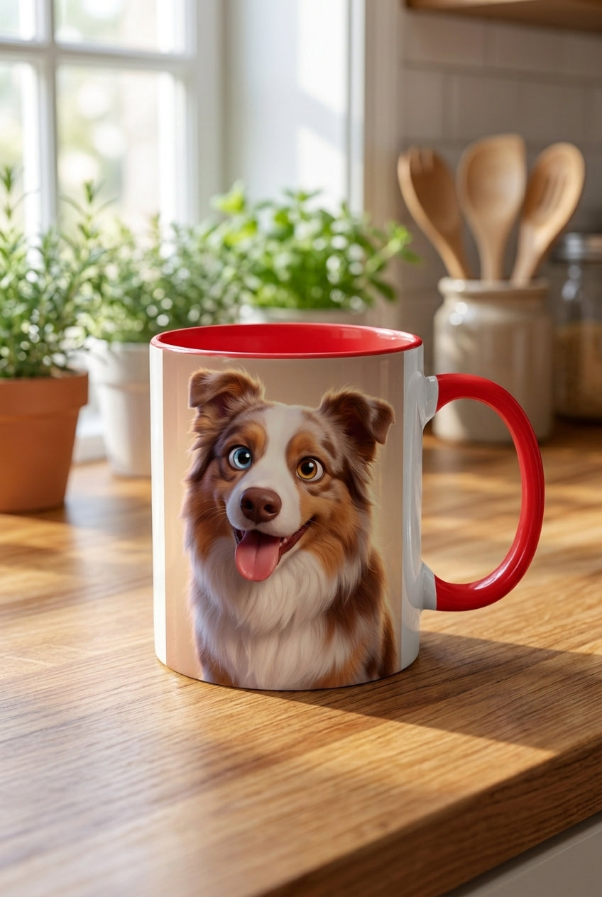 Custom pet portrait mug, 11oz ceramic with red handle and inner rim