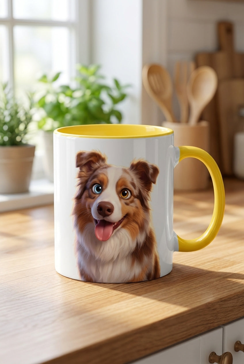 Custom pet portrait mug, 11oz ceramic with yellow handle and inner rim
