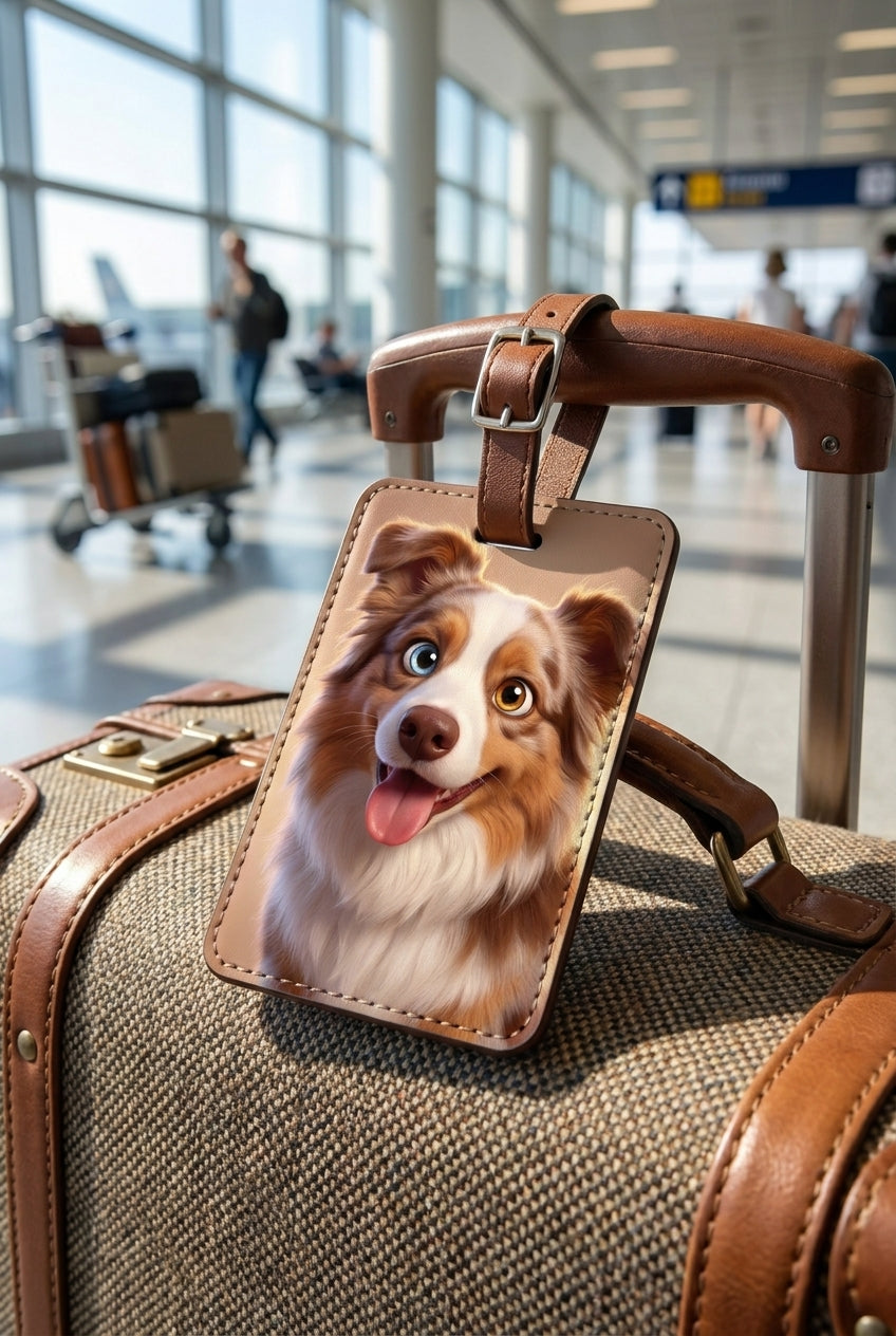 Custom pet portrait luggage tag on suitcase